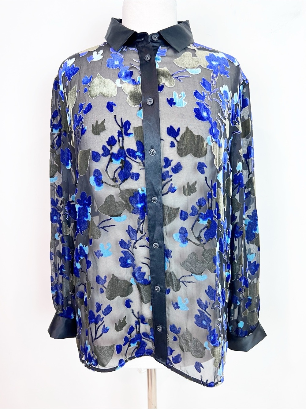 RAG & BONE BLACK VELVET BURNOUT GIGI BLOUSE PURPLE GREEN FLORAL WOMENS LARGE - Picture 2 of 9